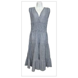 Felicite Classic blue white striped v-neck smocked tiered  prairi‎ Coastal dress
